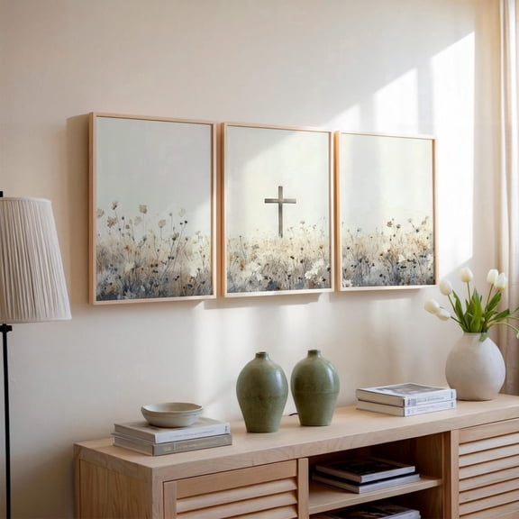 Cross in Wildflower Field Beige Art Set 3 Unframed Paper Print 8x12