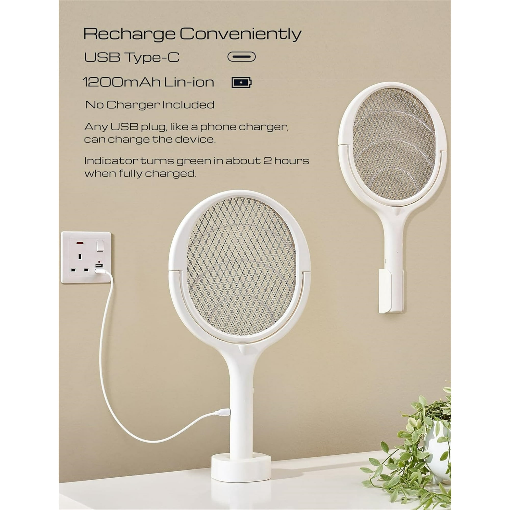 Vorfor Rotating Head Electric Fly Swatter Racket Rechargeable Bug Zapper, Mosquito Electric Fly Swatter Racket with Telescopic Extension Indoor, White