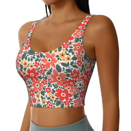 Picia Small Coral Red Flowers Sports Bra for Women Padded Strappy Sports Bras Medium Support Yoga Bra with Removable Cups Running Yoga Bra-XX-Large