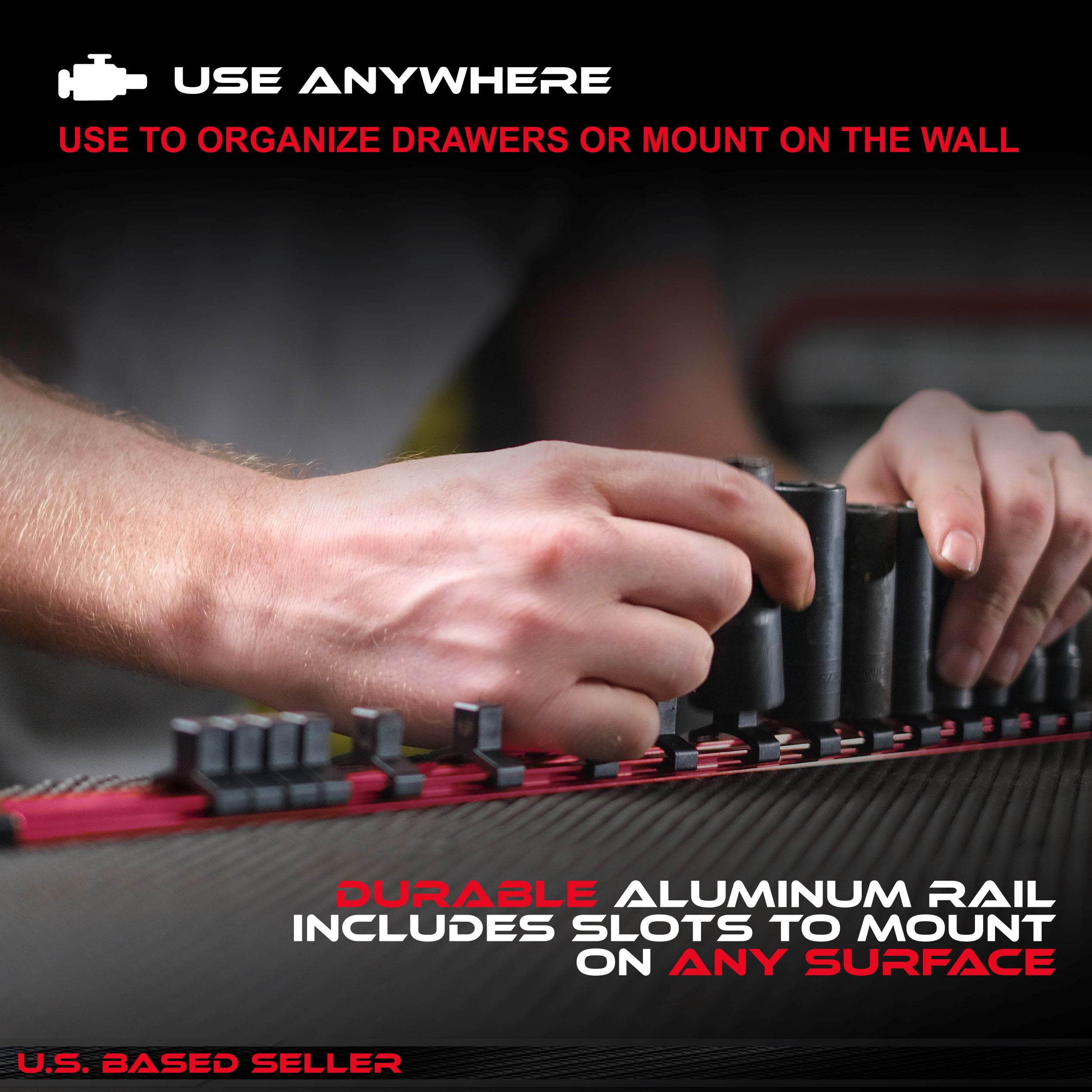 ABN Red Aluminum SAE Socket Organizer Holder Rail & Clip 3pc Set 1