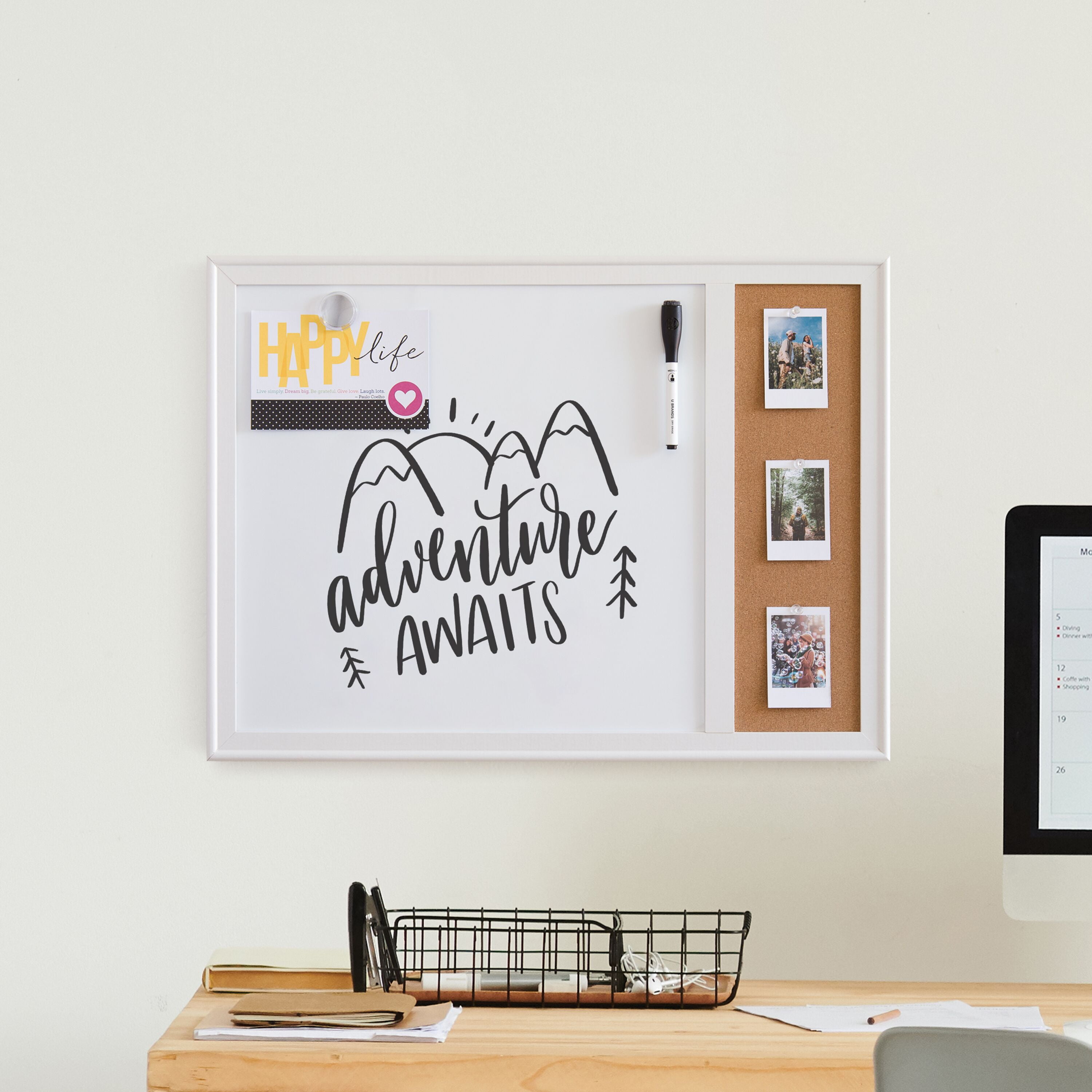 Colorfish Combination Board, Whiteboard, Cork Board, 17 x 23 in., White Decor Frame