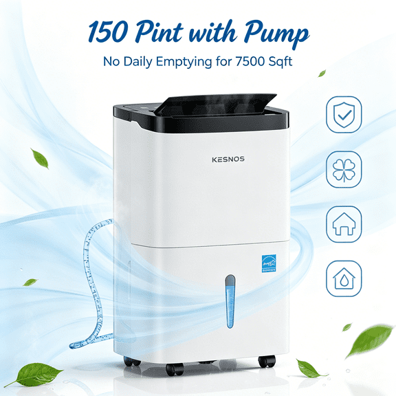 Kesnos 150 Pint Dehumidifier with Built-in Pump, No Daily Emptying, Continuous Auto Drain for Basements & Whole House up to 7,500 Sq. Ft, 50 Pint DOE Energy Star, Auto Defrost