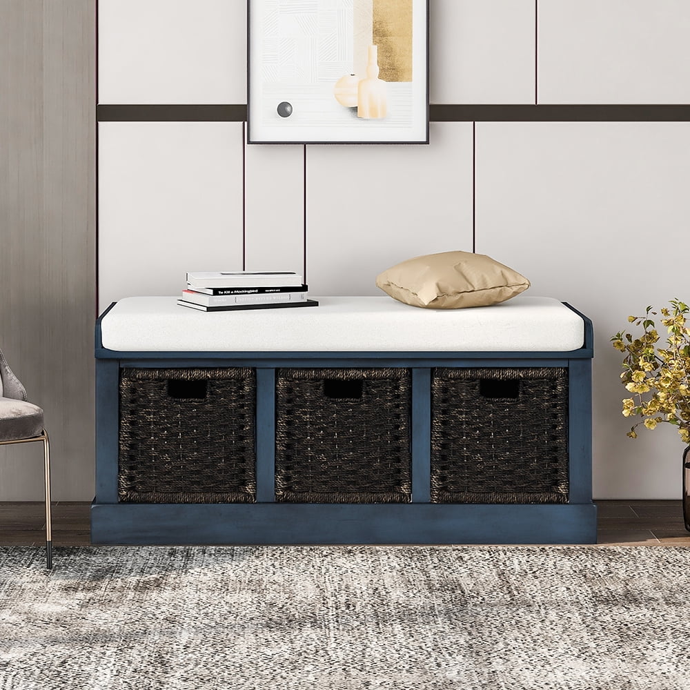 Kepooman Rustic Storage Bench with 3 Removable Classic Fabric Basket, Entryway Cabinet for Home and Kitchen, Antique Navy Kepooman Rustic Storage Bench with 3 Removable Classic Fabric Basket, Entryway Cabinet for Home and Kitchen, Antique Navy