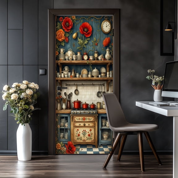 Door Stickers Peel and Stick Door Mural Vintage Rustic Kitchen Shelf Red Flowers Ceramic Removable Wallpaper 30.3''x78.7'' Self-Adhesive Mural for Kitchen Living Room Bedroom Decor