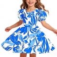 thumbnail image 3 of Casual Floral Dresses Girls Kids Puff Sleeve Cross Back Summer Dress Round Neck Trendy Aline Swing Outfits Blue, 8 Years, 3 of 7