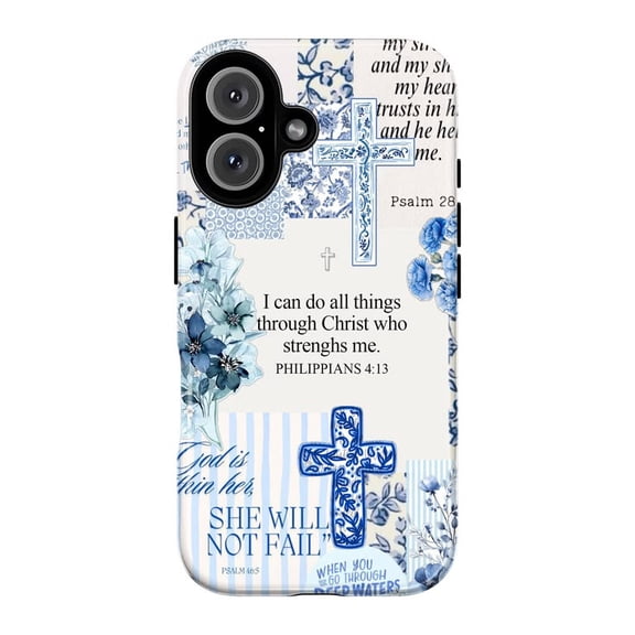 Christian Faith Phone Case, Blue Bible Verse Philippians 4:13 Floral Cross Collage Cover for iPhone 17 16 15 14 13 12 11 Plus Pro Max Mini
