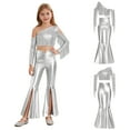 thumbnail image 2 of iiniim Girls Sparkly Dance Outfits Sequin Crop Top and Metallic Flare Pants Kids Hip Hop Disco Silver 6, 2 of 7