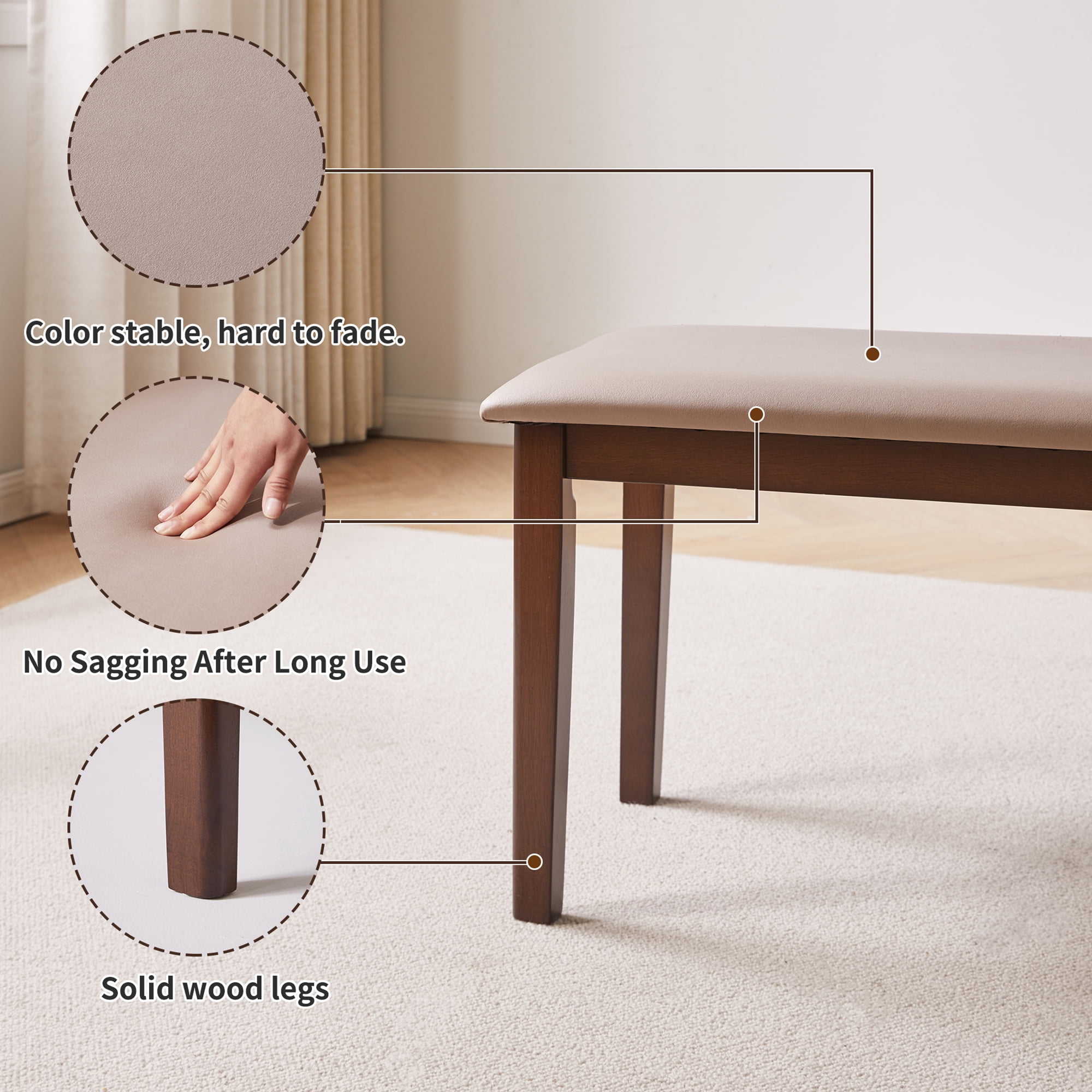 Leumius Wood Bench with Breathable Tech Fabric Cushion,Multi-Use Farmhouse Upholstered Stool for Bedroom & Living Room