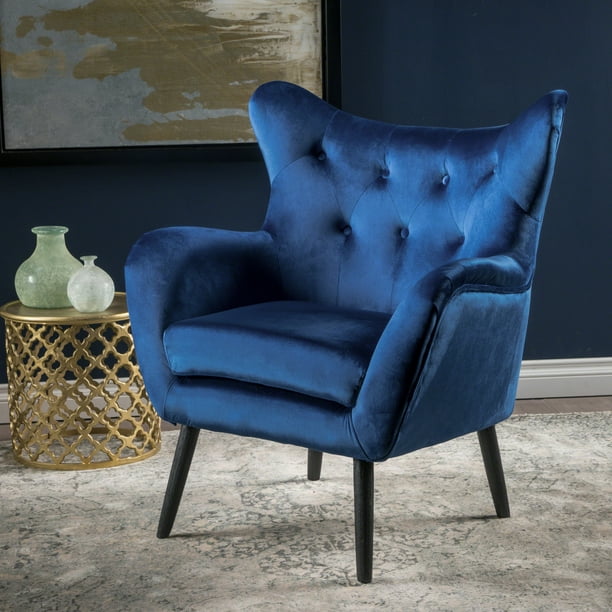 Noble House Mid Century Velvet Arm Chair,Navy Blue