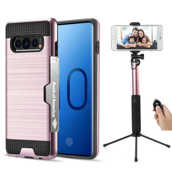 Luxury Dual Layer Hybrid Wallet Case for Galaxy S10 Plus (Rose Gold) w/ Credit Card ID Slot Holder & Selfie Stick Mini Tripod 2.0 - Lightweight w/ Button Covers, Shock Absorption, Raised Lip Guard
