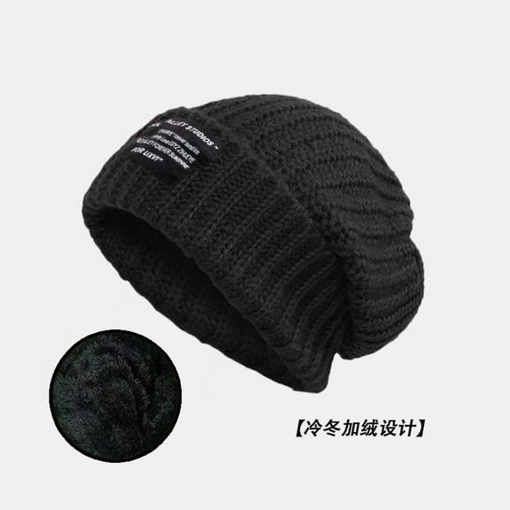 Hats Men's Autumn and Winter Trendy Couple Wool Hats Men's and Women's Warm Versatile Cold Hats Loose Large Head Circumference Knitted Hats for Men (square hat plus velvet-black,One Size)