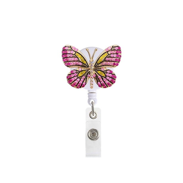 Hebilla de identificación retráctil con diamantes de imitación, clip de cocodrilo giratorio, hebilla de fácil extracción con forma de mariposa con incrustaciones de diamantes de metal