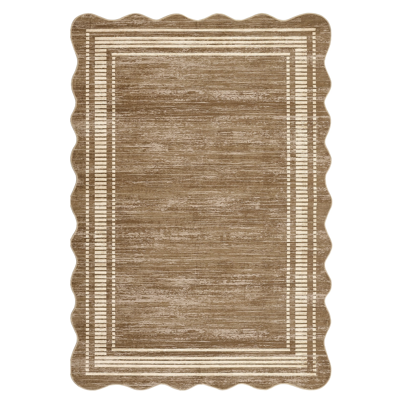 GlowSol 9'x12' Scalloped Washable Area Rugs for Living Room, Modern Bordered Distressed Rug, Non-Slip Low Pile Carpet for Dining Room Home Office, Brown