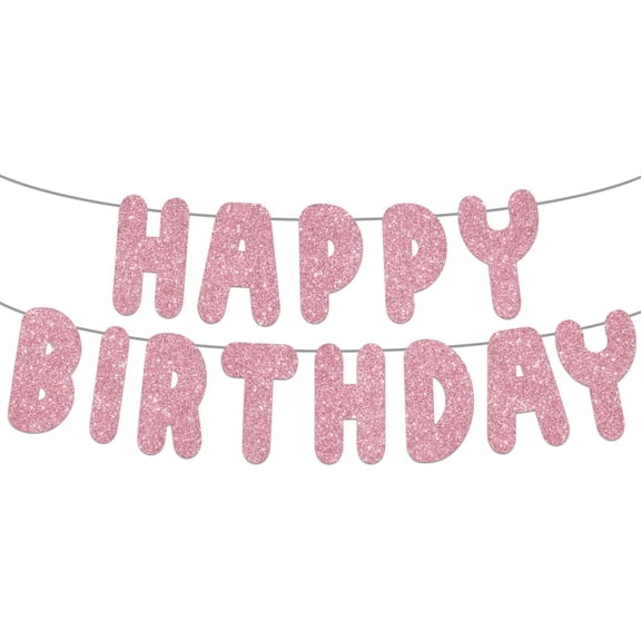 Pink Happy Birthday Banner - Pre-Strung No DIY Decor with Glitter Letters - Birthday Sign for Women & Kids, Party Backdrop Decorations