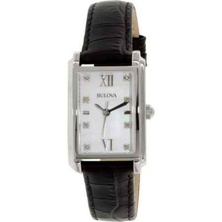 Bulova Womens Diamonds Stainless Steel Case and Black Leather Strap White Dial Silver Watch - 96P156