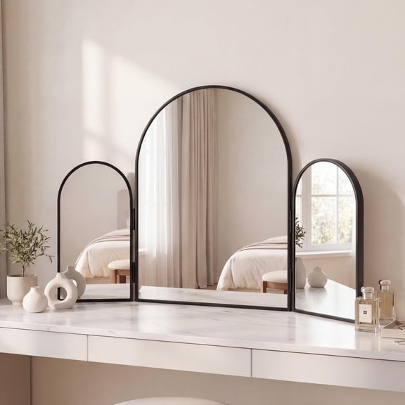 JONATHAN Y Verity Aluminum Arched Trifold Vanity Mirror, Glossy Black, 30" x 20" Modern Tabletop and Wall Mount with Adjustable Side Panels and HD Glass for Bedroom and Dressing Room MIR220A
