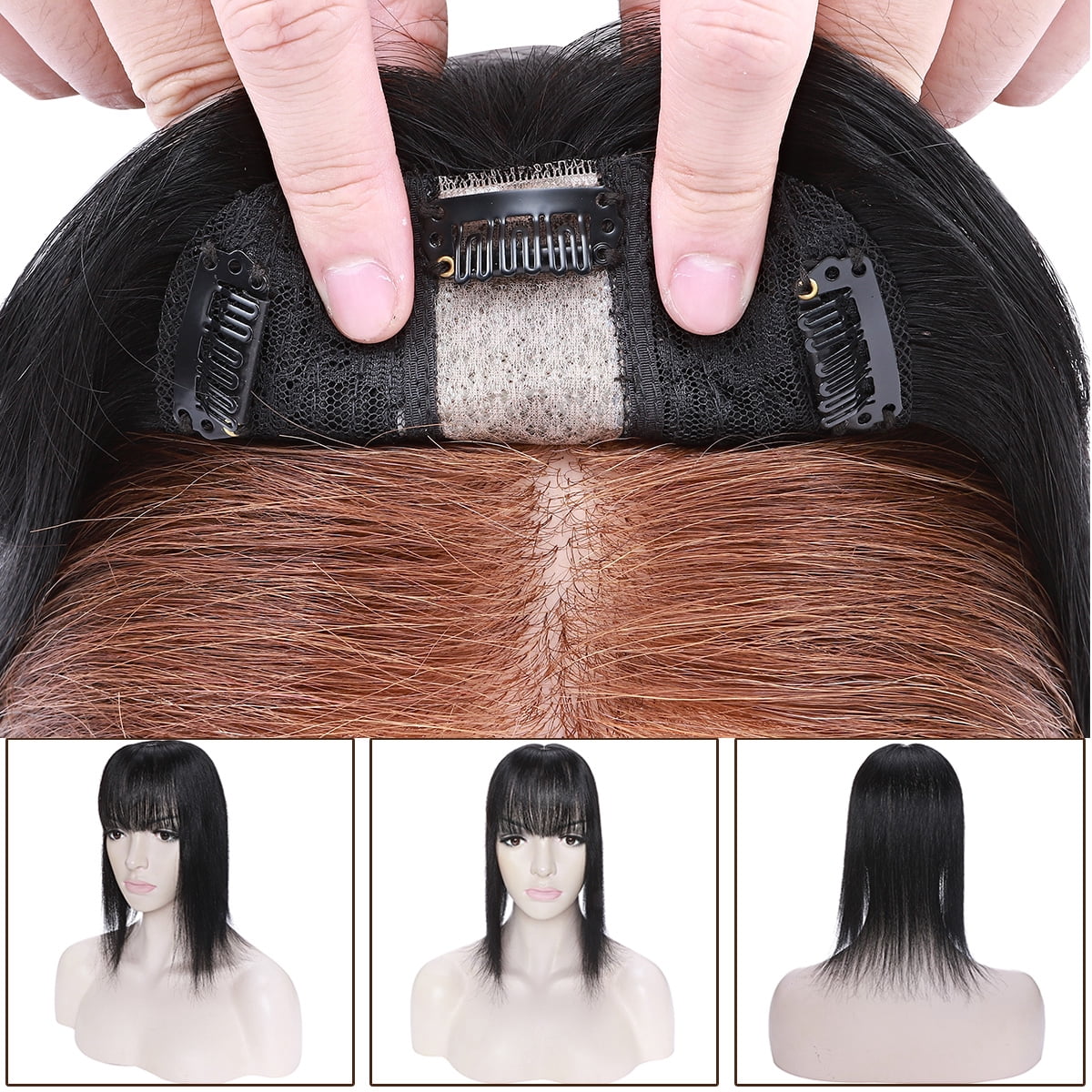 SEGO Clip in Hair Extensions Human Hair Toppers with Bangs 100% Real Human Hair for Thinning/Loss Hair Natural Black Hair Pieces