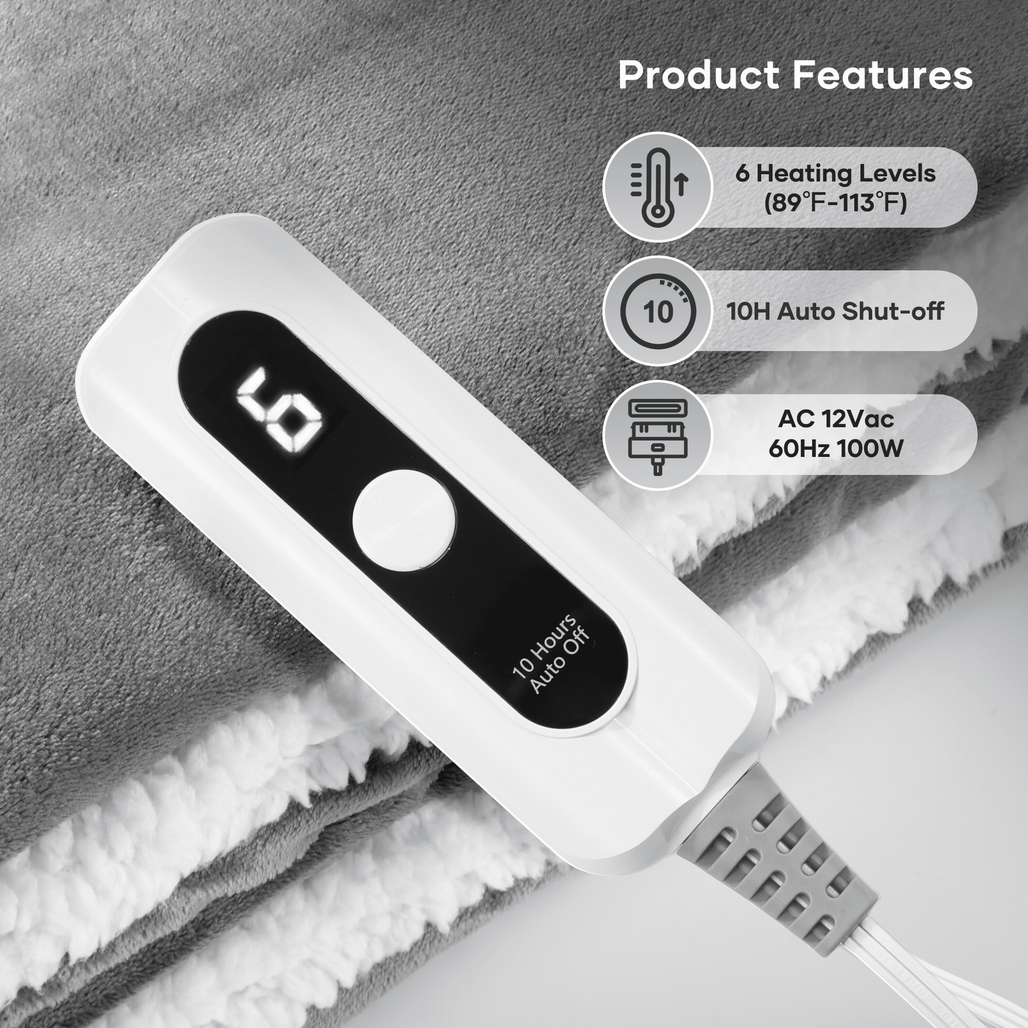 MaxKare Heated Blanket Full Size, Electric Blanket with ETL & FCC Certification, 6 Heating Levels & 10H Auto-off, Machine Washable, Gray & White