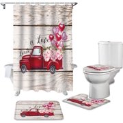 ZHANZZK Valentines Retro TruckFlower 4 Piece Bathroom Set Shower Curtain Bath Rug Contour Mat and Toilet Lid Cover