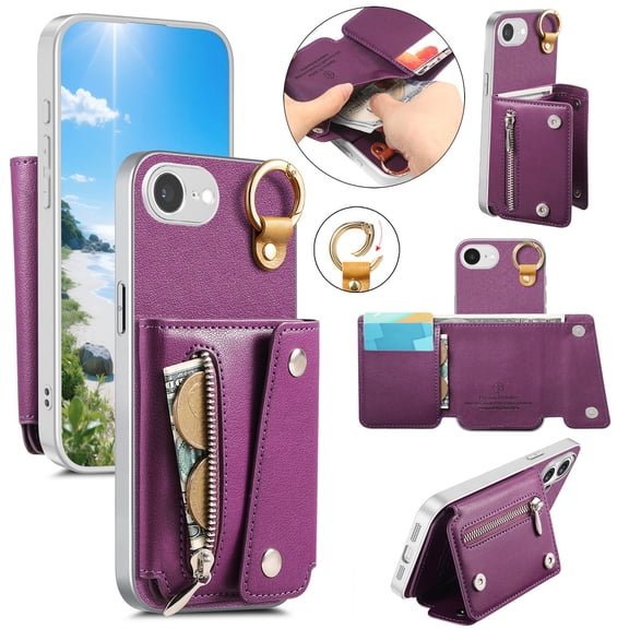 ELEHOLD Zipper PU Leather Wallet Phone Case for iPhone 16e/17e, Shockproof Kickstand Protective Cover with Ring Buckle, Purple