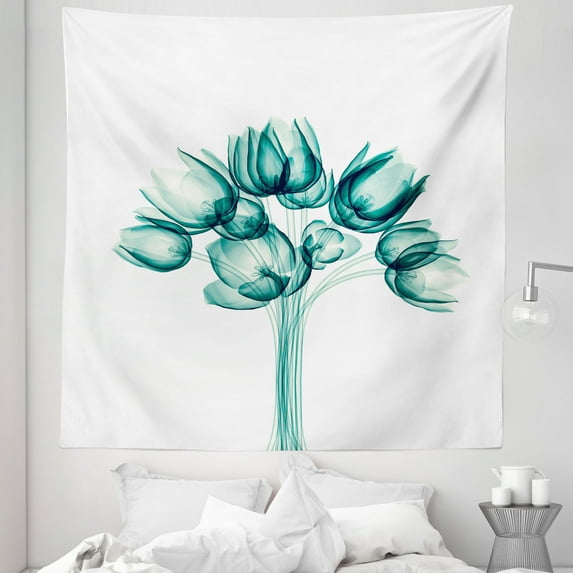 Flowers Tapestry, Monochrome Dark Teal Hues of Plain Backdrop of Xray Tulip Petals Print, Fabric Wall Hanging Decor for Bedroom Living Room Dorm, 5 Sizes, Hunter Green and White, by Ambesonne