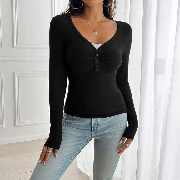 HLKJKLS Long Sleeve Shirts For Women Y2K Long Sleeve Lace Trim Open Collar Slim Fit Base Shirt Knit Black S-Xl