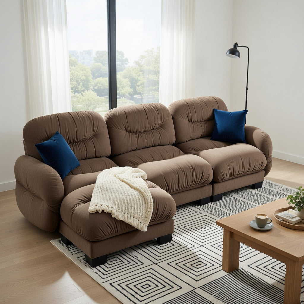 Hommoo Chenille L-Shaped Modular Sectional Sofa with Ottoman, 3-Seater Pleated Back Design, Ergonomic High-Density Foam Cushions & 2 Round Throw Pillows, Brown