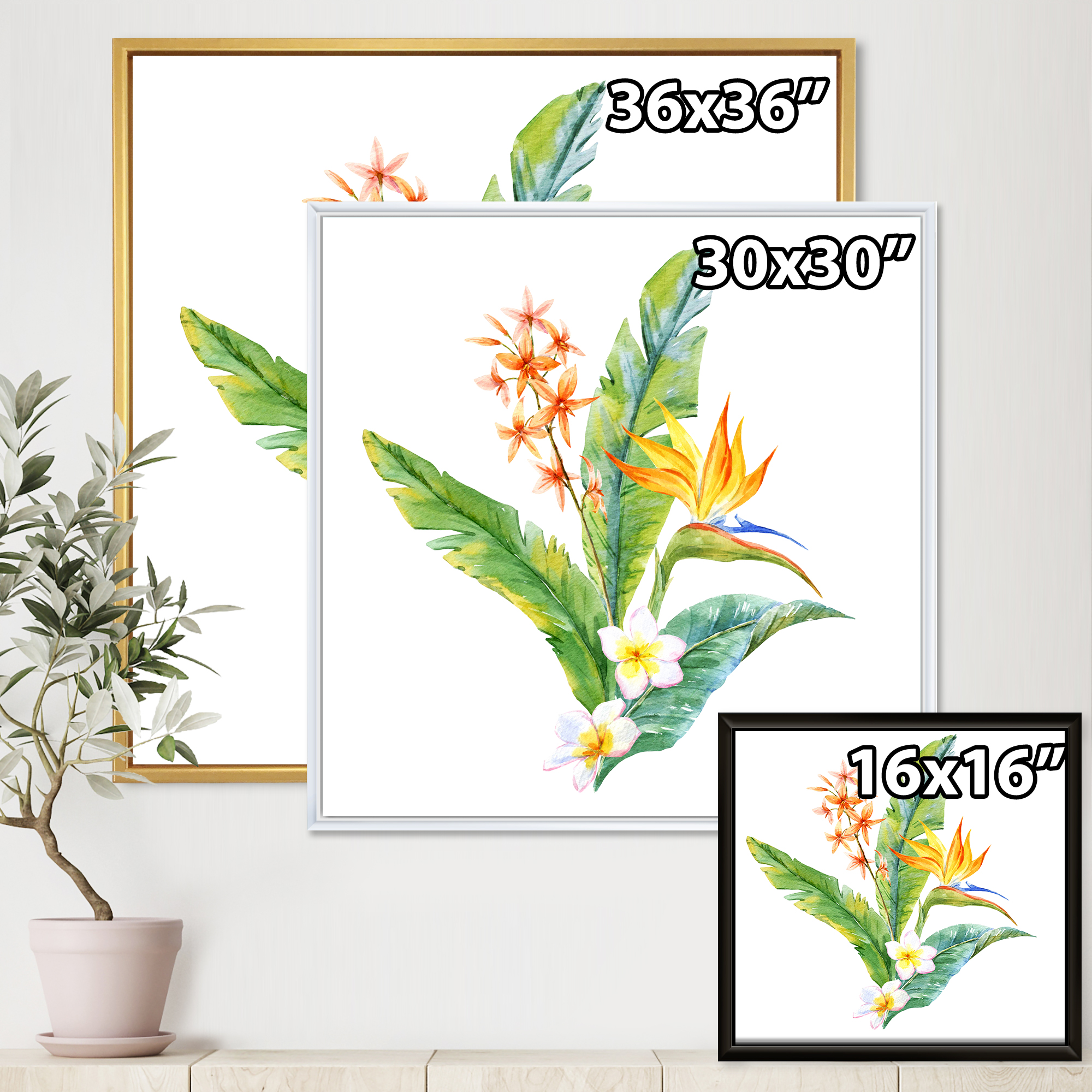 Designart 'Green Leaves With Tropical Yellow Flowers I' Traditional Framed Canvas Wall Art Print