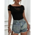 thumbnail image 4 of Cut Out Hollow Out T Shirt Womens Cold Shoulder Lacerated Sleeve Shirt Sleeveless Solid Round Neck Slim Shirt Tops, 4 of 4