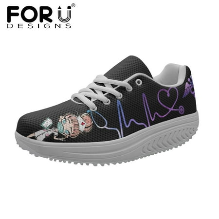 

Women Autumn Swing Platform Shoes Cartoon Nurse and ECG Pattern Slimming Swing Shoes Ladies Wedge Platform Sneakers