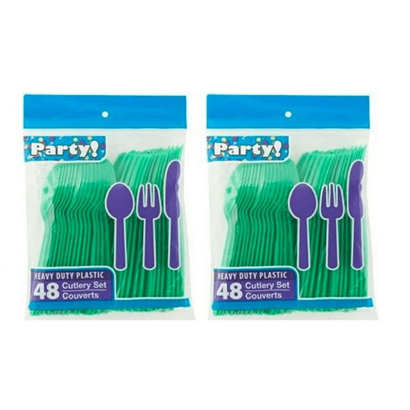 Heavy Duty Plastic Cutlery, 48 pieces Set in Green, 2-pack (32 Spoons, 32 Forks, 32 Knives) 96 Pieces in Total