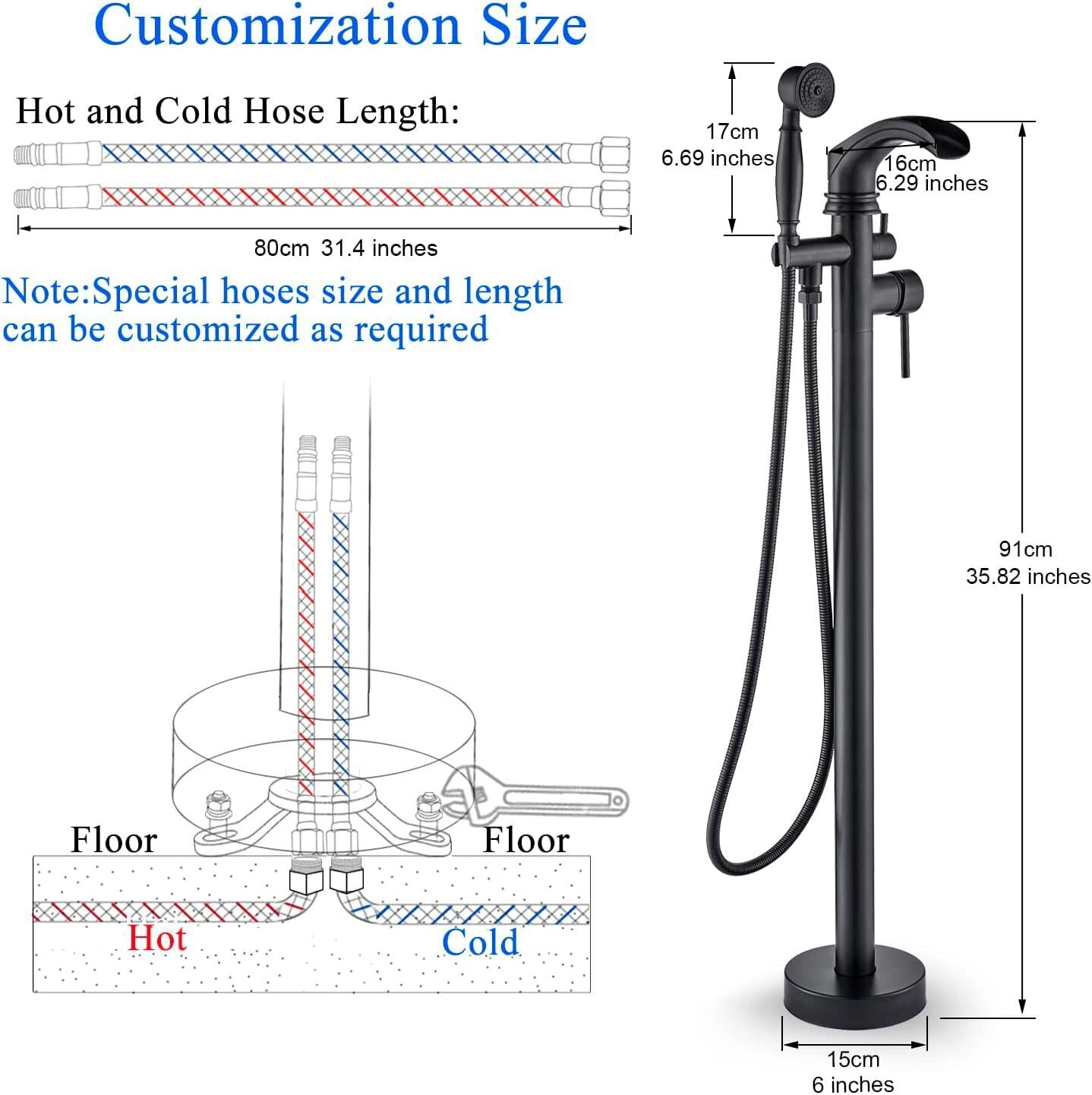 Black Floor Mount Freestanding Bathtub Shower Faucet Waterfall Tub Filler Mixer Mixer