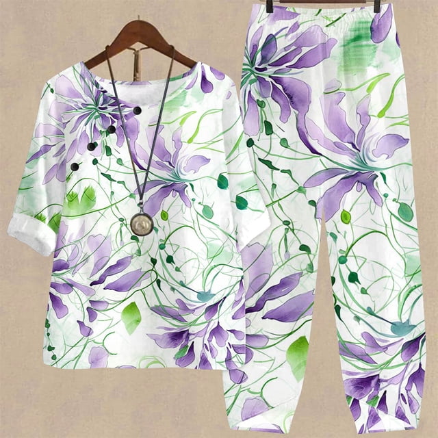 Puntoco-Conjunto de traje de dos piezas para mujer, top corto con cuello redondo y pantalones informales, estampado de verano, liquidación Puntoco Puntoco-3427