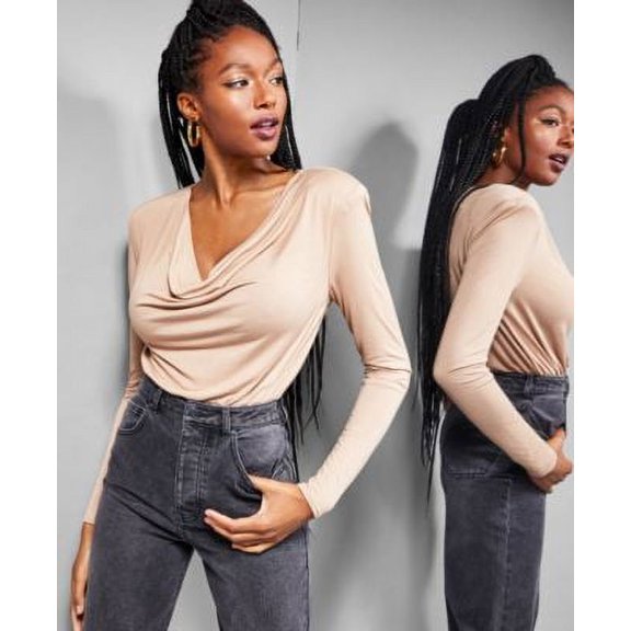 MSRP $80 Jeannie Mai Inc Bianca Cowlneck Bodysuit Beige Size Small