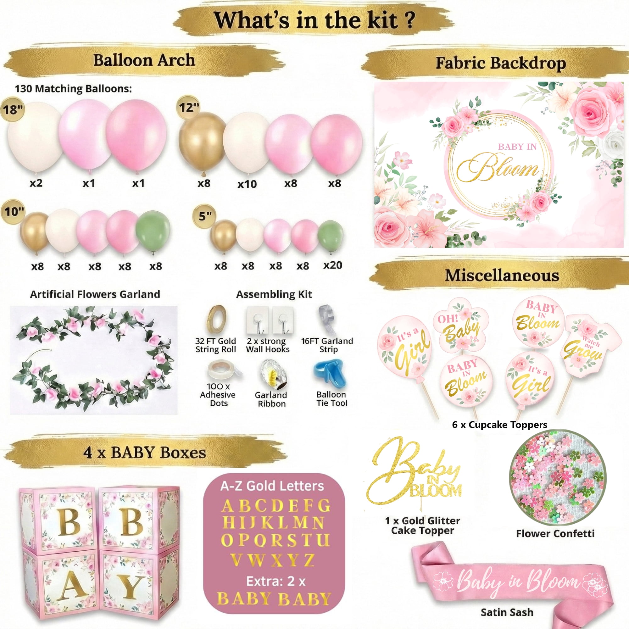 Happy Greetings Baby In Bloom Baby Shower Decoration Kit with Balloon Arch and BABY Boxes, Baby in Bloom Floral, For Girl, Pink and Sage Green, 338 Pieces