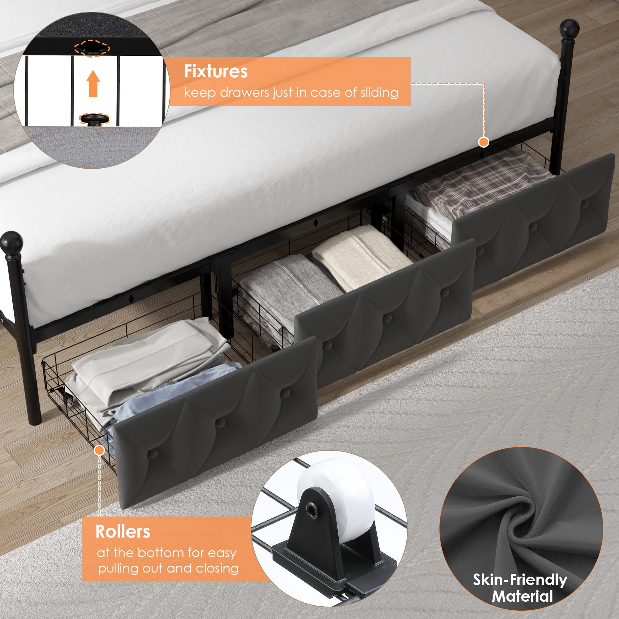 Homfa King Canopy Bed Frame for Bedroom with Drawer, Modern Platform Bed with Button Tufted Upholstered Headboard, Canopy Bed Curtain Not Included, Dark Gray