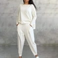 thumbnail image 2 of GILIGEGE Two Piece Sets for Women Women's Solid Color Casual Two Trouser Suit with Small Feet Round Neck and Long Sleeves White 3Xl, 2 of 5