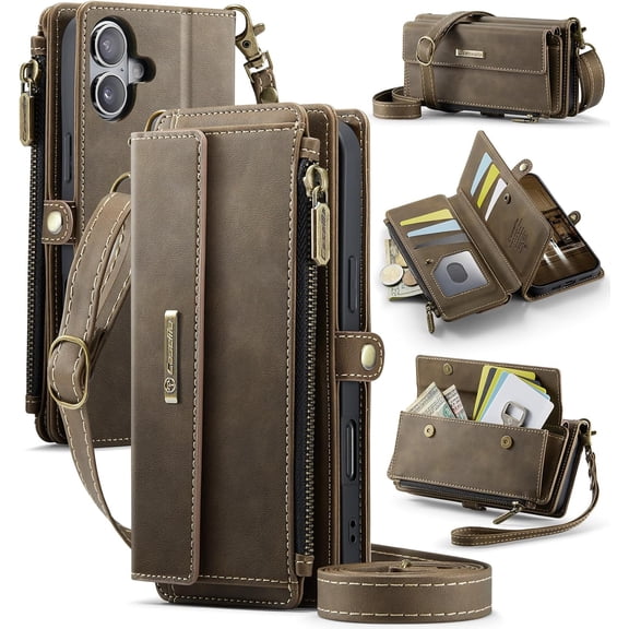 Wallet Case for iPhone 17 – RFID Blocking PU Leather Phone Case with Card Holder, Zipper Pocket, Kickstand, Magnetic Closure, Shoulder & Wrist Strap