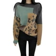 thumbnail image 3 of Women'S Fall Winter Long Sleeve Round Neck Pullover Sweater Leopard Print Colorblock Knitted Top Green One size, 3 of 5
