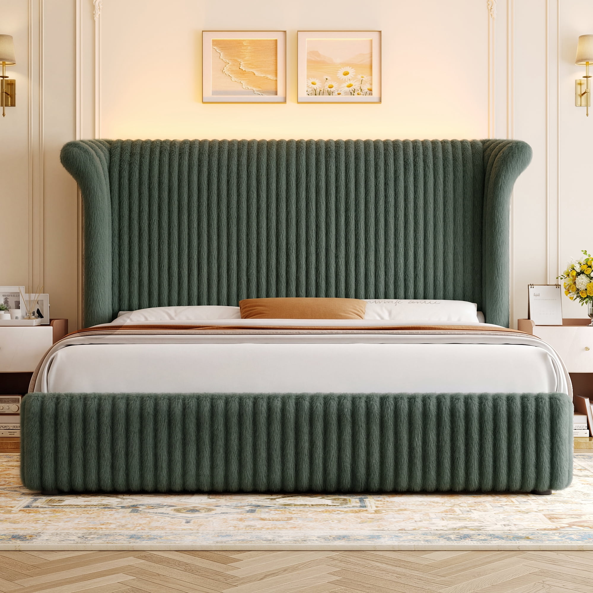 Hiphuta Corduroy Upholstered King Size Bed Frame with Headboard, LED Platform King Bed Frame with 55"H Tall Vertical Stripe Corduroy Wingback Headboard, Green
