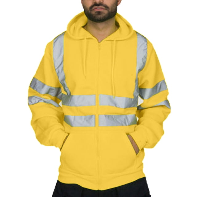 CVLIFE Men Coat Reflective Striped Sweatshirt Hooded Work Wear Open Front Hoodie Jacket Outdoor Outwear Yellow 4XL