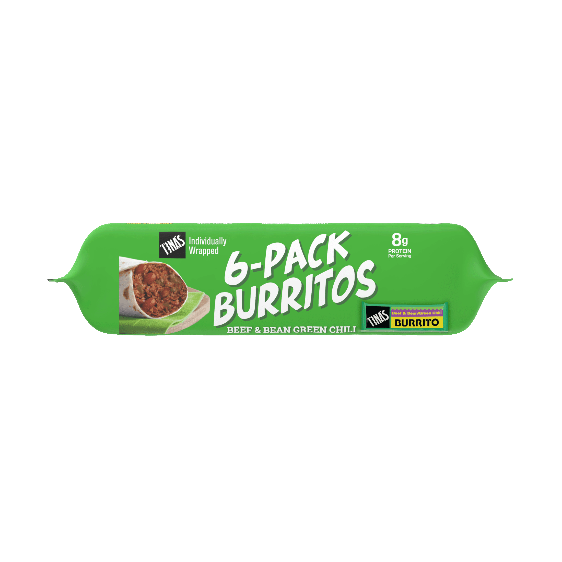 Tina's Beef and Bean Green Chili Burritos Individually Wrapped, 24 oz, 6 Count (Frozen)