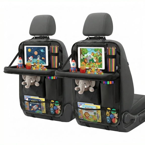 Black Car Backseat Organizer with 10 Storage Pockets & Tablet Holder, Kick Mats Protector for Kids, Perfect for Family Road Trips & Daily Travel Accessorie (2-Pack)