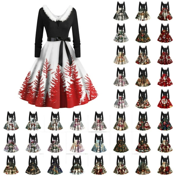Christmas Dresses for Women Women's Casual Fashion Long Sleeve Christmas Graphic Printed Vintage Long Dresses with V Neck and Fur for Holiday Party,Black,L