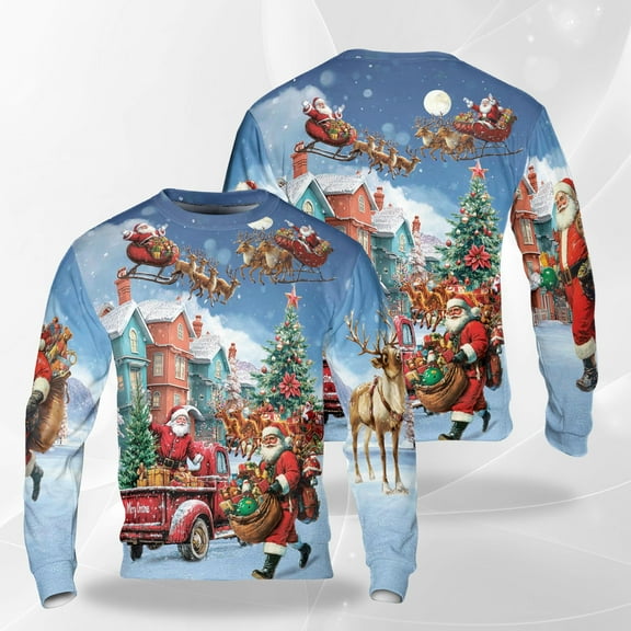 Classic Santa Christmas Sweatshirt, Vintage Holiday Reindeer Scene Crewneck, Festive Snowy Village Xmas Pullover, Cozy Winter Gift for Men Women Friends