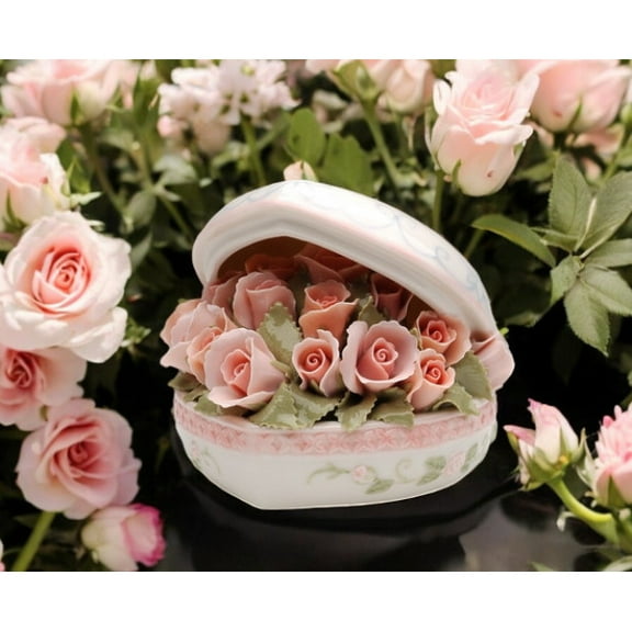Ceramic Pink Rose Flower Bouquet Heart Box, Gift for Her, Gift for Mom