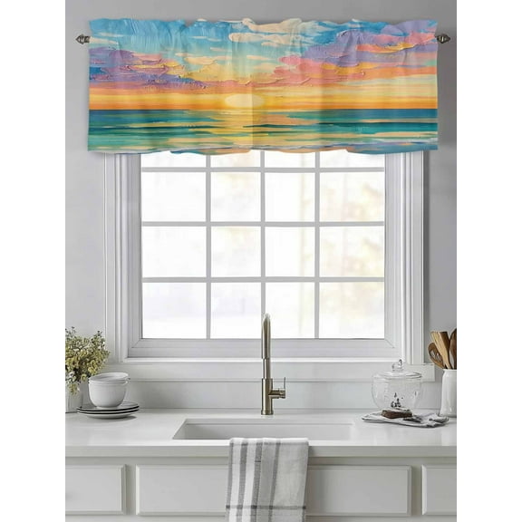 Curtain Valance for Windows,Seaside Beach Sunset Impressionist Style Kitchen Valances Rod Pocket Short Curtains,Watercolor Oil Painting Art Window Treatment Panel for Bedroom Bathroom 42"x12"