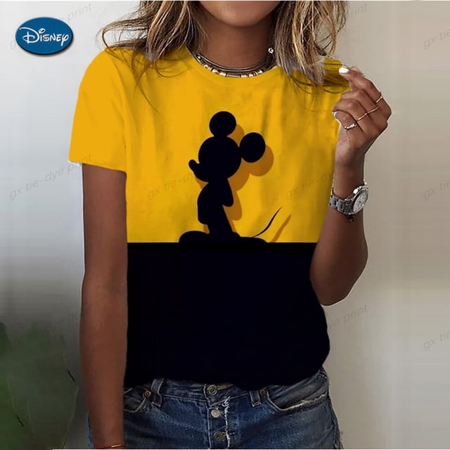 Disney Gold Micky Head Women's Casual Print T-shirt Mickey Mouse High-quality Print Fashion Top Cartoon WholesaleL Gao Jinjia LED