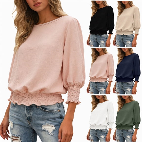 COMVALUE Banded Bottom Tops for Women Smocked Tops Elastic Cinched Waist Top Dressy Blouse 3/4 Length Sleeve Casual Outfits Army Green for Size M