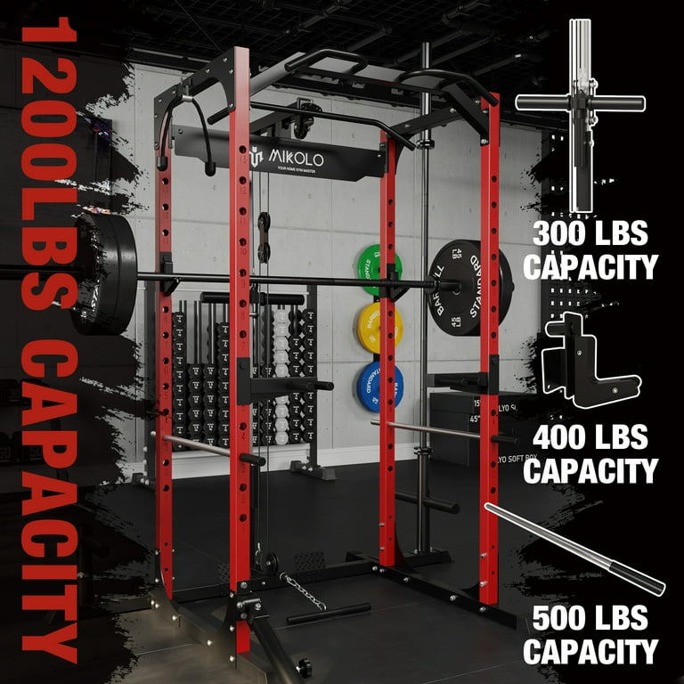 Mikolo Power Rack Cage with LAT Pulldown System,1200LBS Capacity Power Rack  with 800 lbs Capacity Weight Bench Combo, Multi-Functional Squat Rack